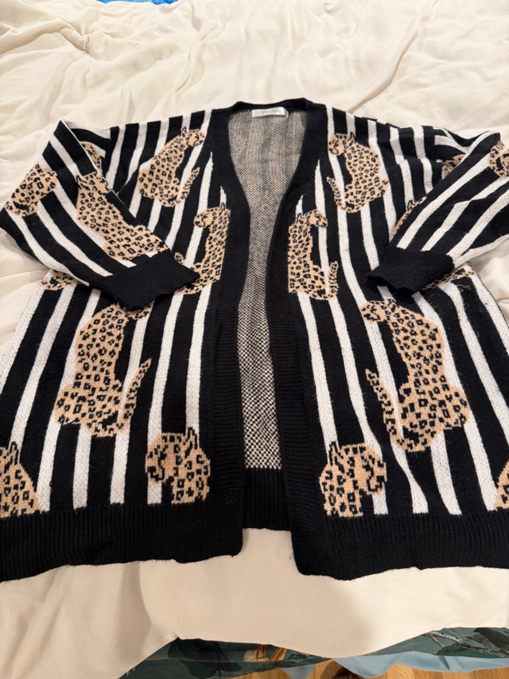 Moon Ryder Black & White Striped Leopard-Print Open Cardigan Sweater Medium